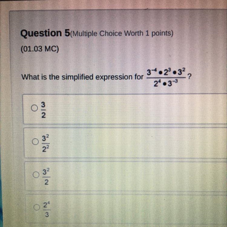 What is the simplified expression for 3^-4 × 2^3 × 3^2/2^4 × 3^-3?please help me. I-example-1