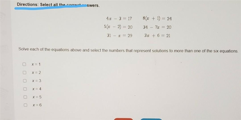 10 Directions: Select all the correct answers. 8(5 + 1) = 24 4r - 3 = 17 5(1 - 2) = 20 34 – 7.5 = 20 31 – I-example-1