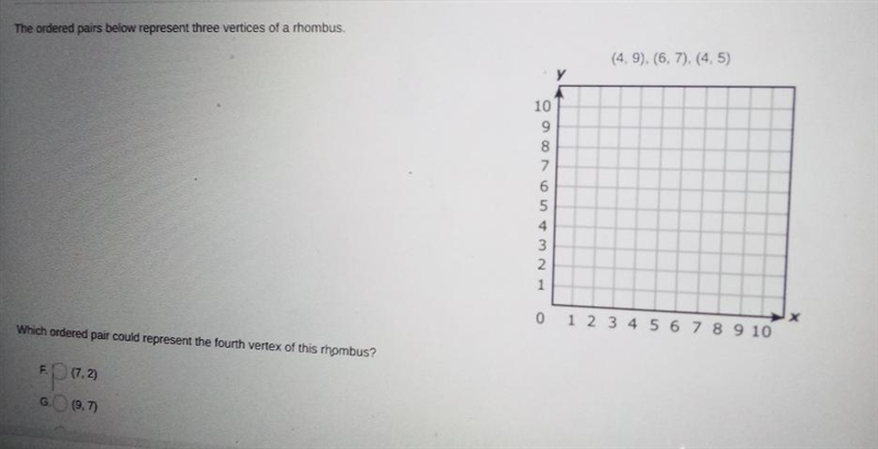 (4,9),(6,7),(4,5) which ordered pair could represent the four verdicts of this rhombus-example-1