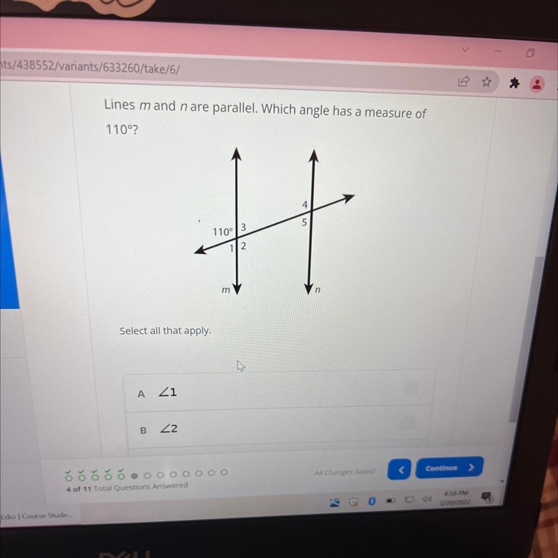 Lines M and N are parallel which angle has a measure of 110 a.1 b.2 c.3 d.4-example-1