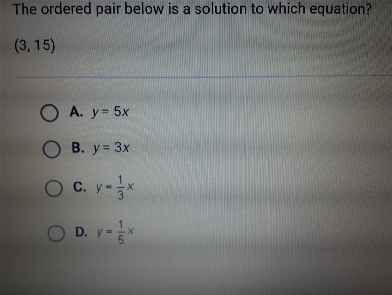 The ordered pair below is a solution to which equation? (3,15)-example-1