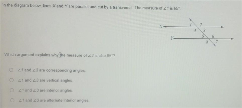 Which argument explains why the measure of 3 is also 65°? 0 21 and 23 are corresponding-example-1