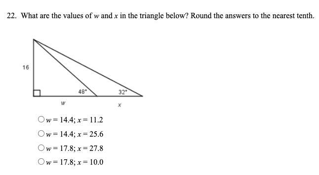 What are the values of w and x in the triangle below? Round the answers to the nearest-example-1