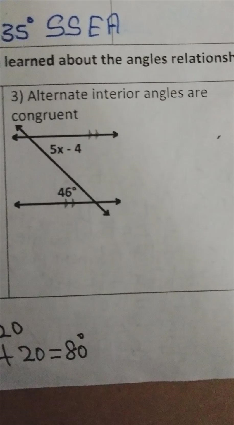 3) Alternate interior angles are congruent 5x - 4 46°.-example-1