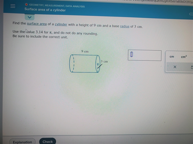 Find the surface area of a cylinder with a height of 9 cm and a base radius of 3 cm-example-1