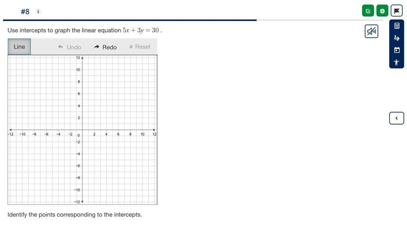 Use intercepts to graph the linear equation 5x+3y=30 . Identify the points corresponding-example-1