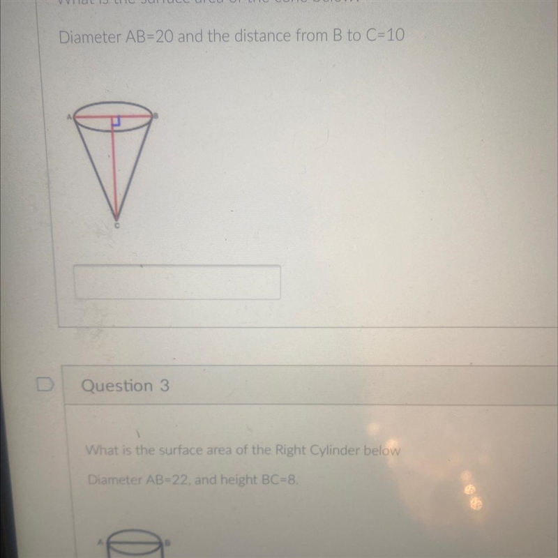 Surface area of cone below diameter AB is 20 and distance from B to C is 10-example-1