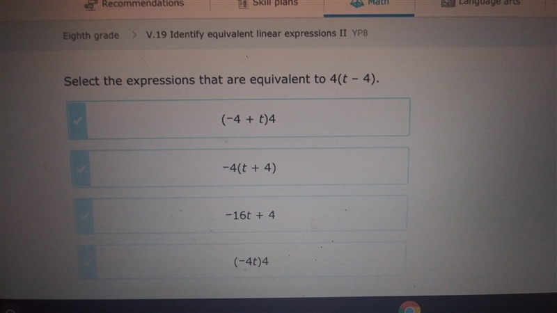 Select all the expressions that equivalent to 4(t - 4)-example-1