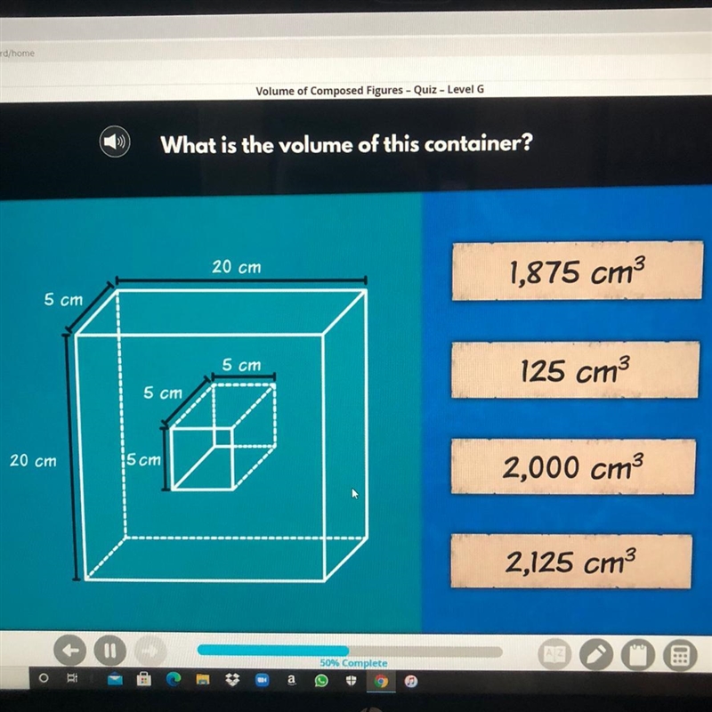 What is the volume of this container?20 cm1,875 cm35 cm5 cm125 cm35 cm20 cm15 cm2,000 cm-example-1