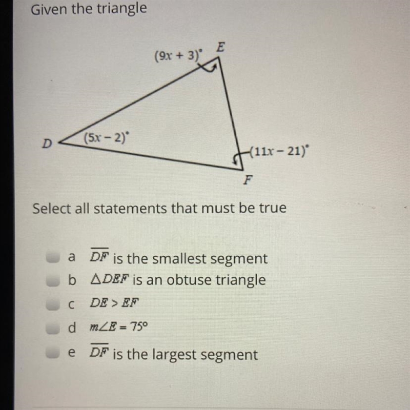 Given the triangle, select all statements that must be true-example-1