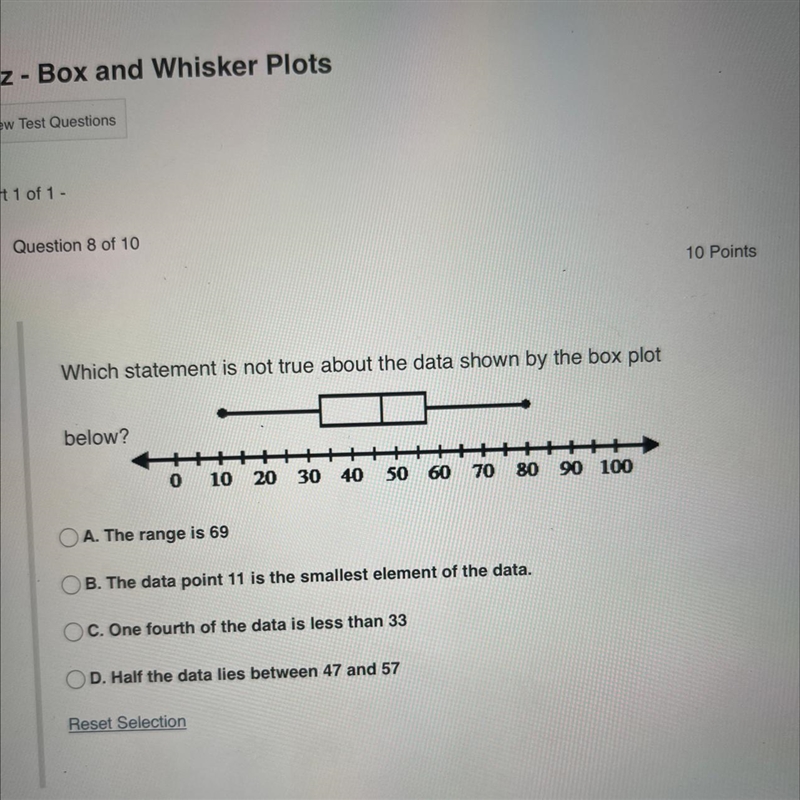 Which statement is not true about the data shown by the box plotbelow?0 10 20 30 40 50 60 70 80 90 100A-example-1