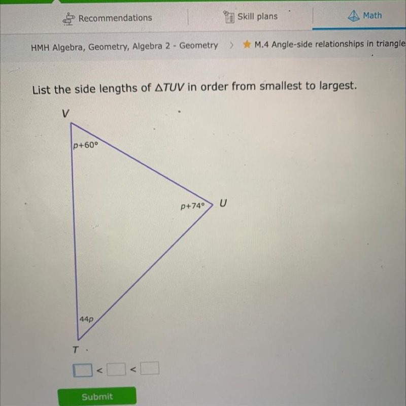 List the side lengths of △TUV in order from smallest to largest.-example-1