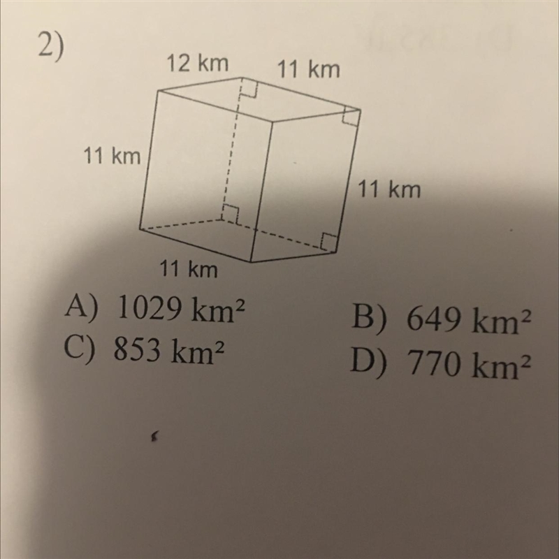 2) 12 km 11 km 11 km 11 km 11 km A) 1029 km C) 853 km2 B) 649 km D) 770 km2-example-1