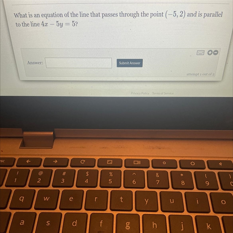 What is an equation of the points given? And is parallel to the line 4x-5y=5?-example-1