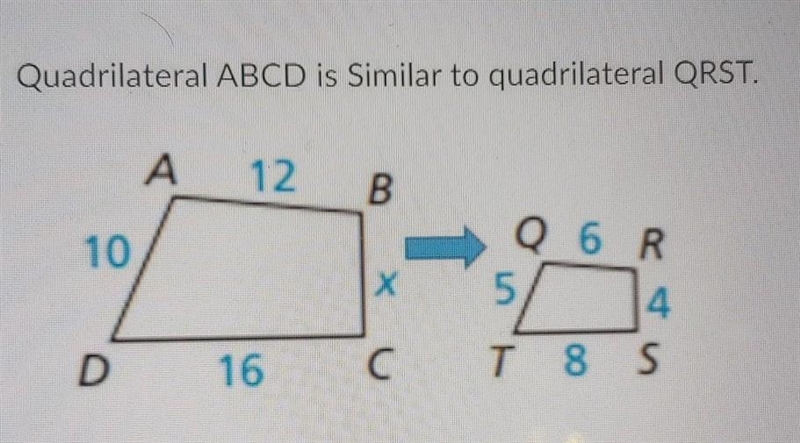 "quadrilateral ABCD is similar to quadrilateral QRST"(rs)/(bc) (?)/(dc)-example-1