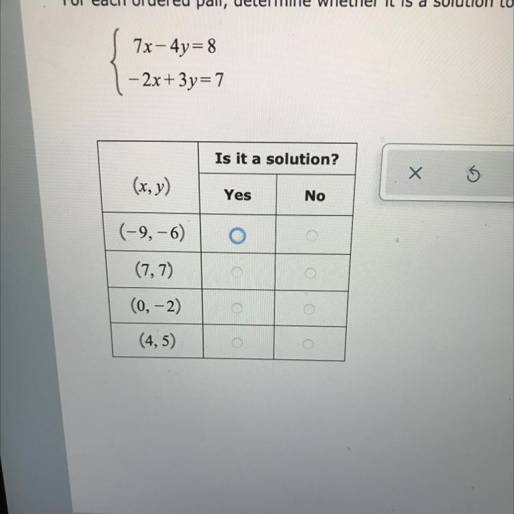 For each order pair, determine whether it is a solution to the system of equations-example-1