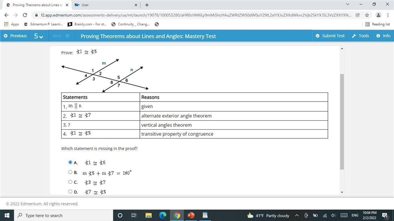 Prove:Statements Reasons1. given2. alternate exterior angle theorem3. ? vertical angles-example-1