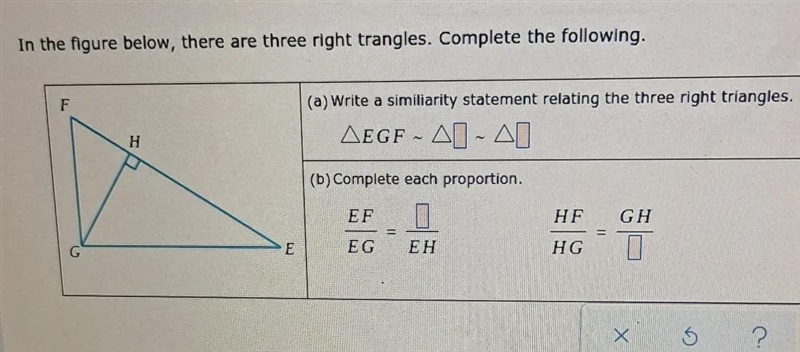 In the figure below there are three right triangles complete the following.-example-1