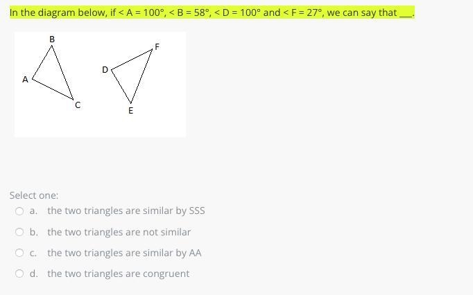 In the diagram below, if < A = 100°, < B = 58°, < D = 100° and < F = 27°, we-example-1