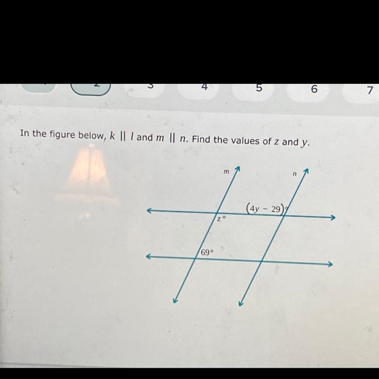 In the figure below, k || I and m || n. Find the values of z and y. 69° N m zo (4y-example-1