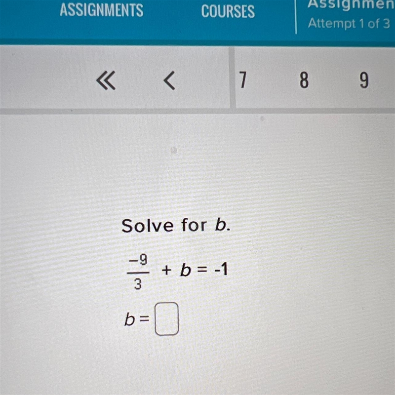 Solve for B -9/3+ B equals -1-example-1