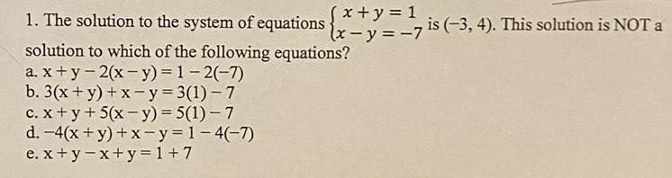 1. The solution to the(x+y=1.system of equationssolution to which of the following-example-1