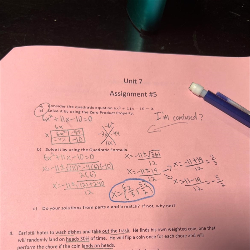 2.) Consider the quadratic equation 6x^2+11x-10=0 A.) solve it by using zero product-example-1