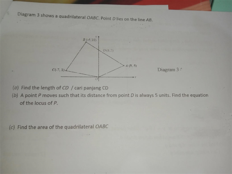 Diagram 3 shows a quadrilateral OABC .Point D lies on the line AB.a) Find the length-example-1