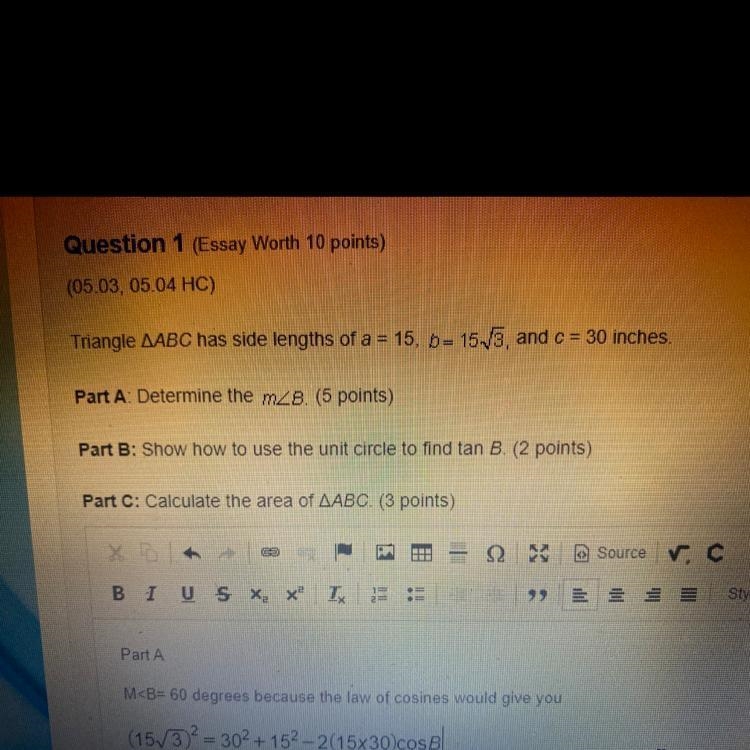 Triangle ABC has side length of a equals 15 B equals 15 square root three and C equals-example-1