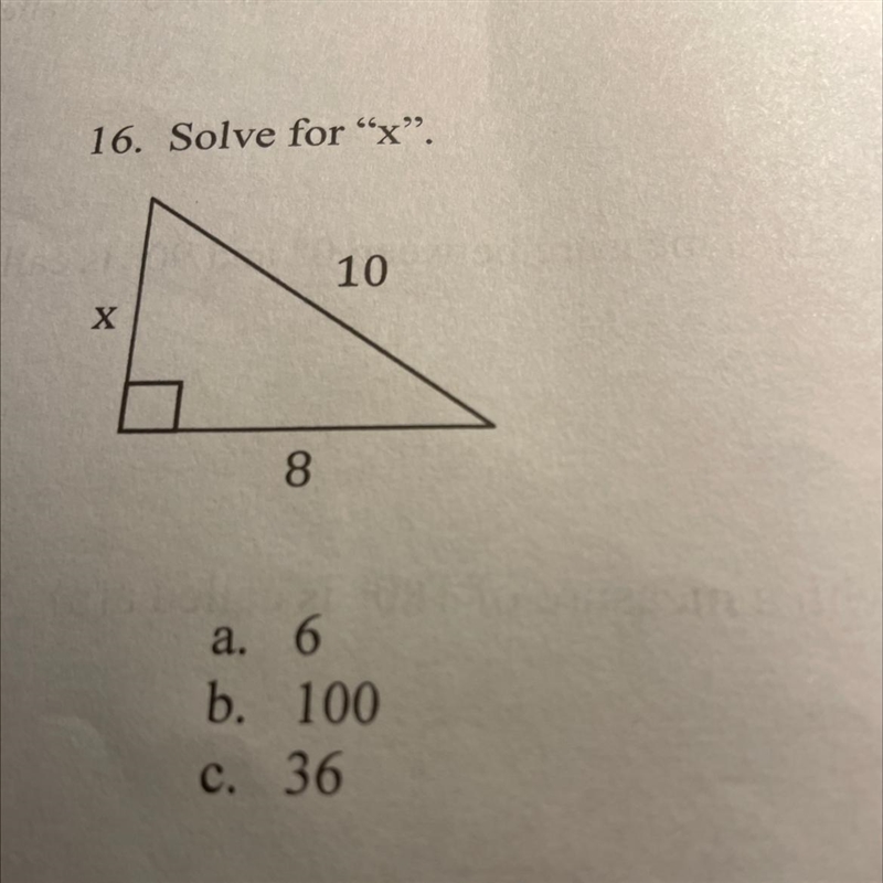 16. Solve for "X". a. 6 b. 100 c. 36-example-1