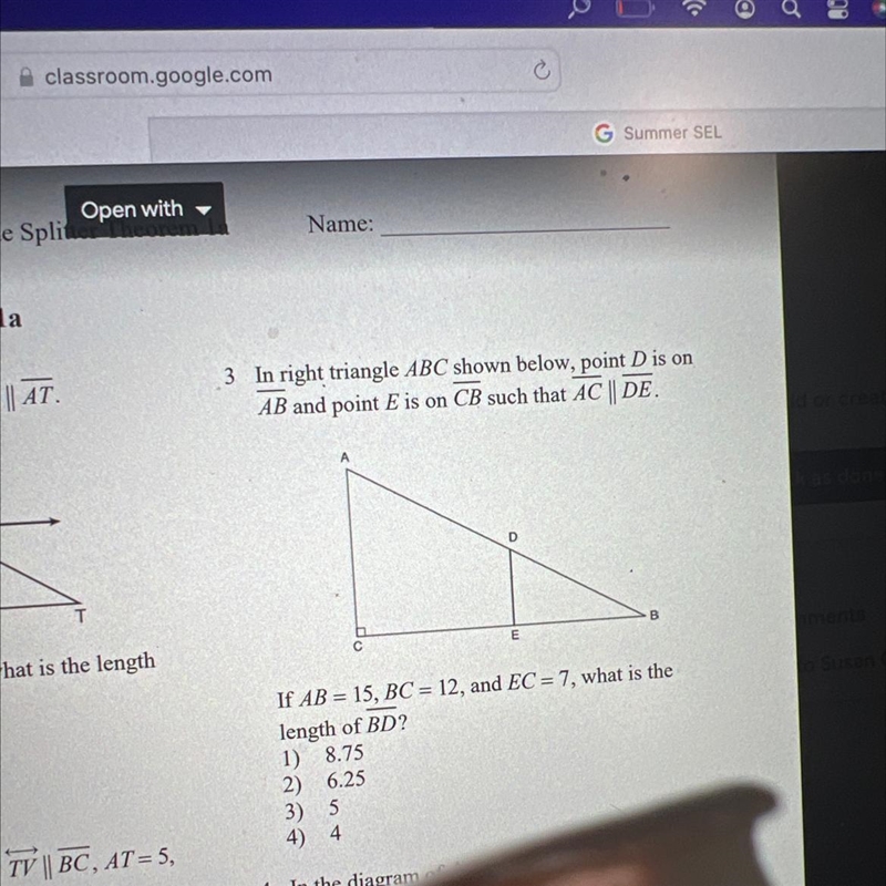 Length AT=5, 3 In right triangle ABC shown below, point D is on AB and point E is-example-1