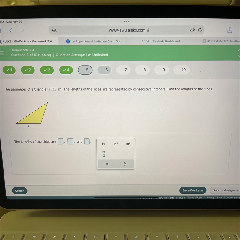 The perimeter of a triangle is 117in. The lengths of the sides are represented by-example-1