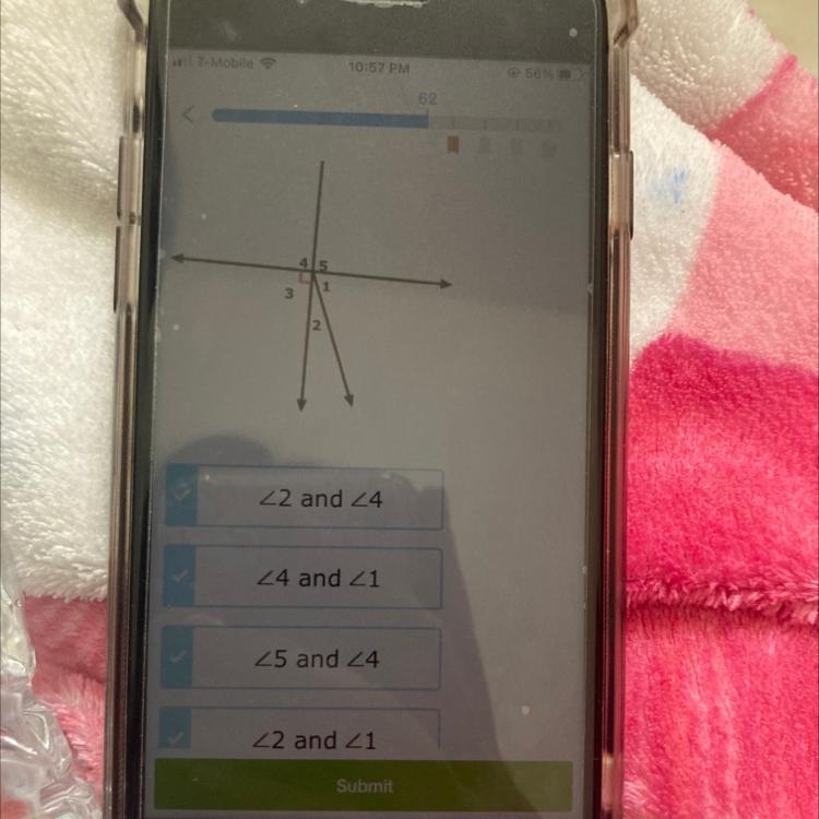 Which angles are complementary to each other? Select all that apply-example-1