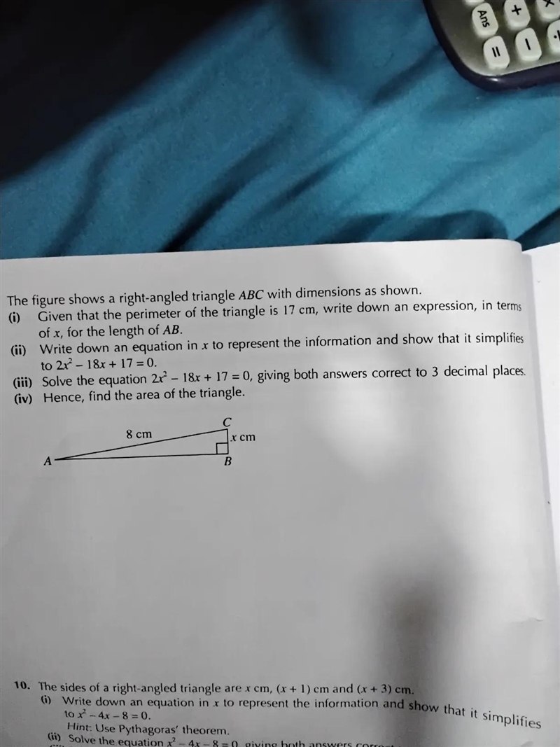 this figure shows a right angle triangle ABC with Dimensions as shown. (i) Given that-example-2