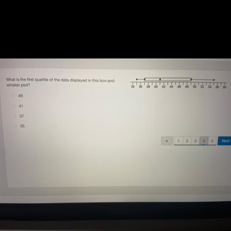 What is the first quartile of the data displayed in this box-and-whisker plot?O 49O-example-1