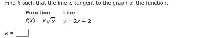 Find k such that the line is tangent to the graph of the function.-example-1