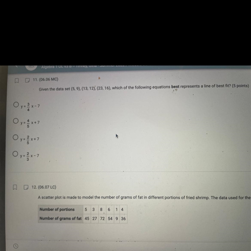 Given the data set below. Which of the following equations best represents a line-example-1