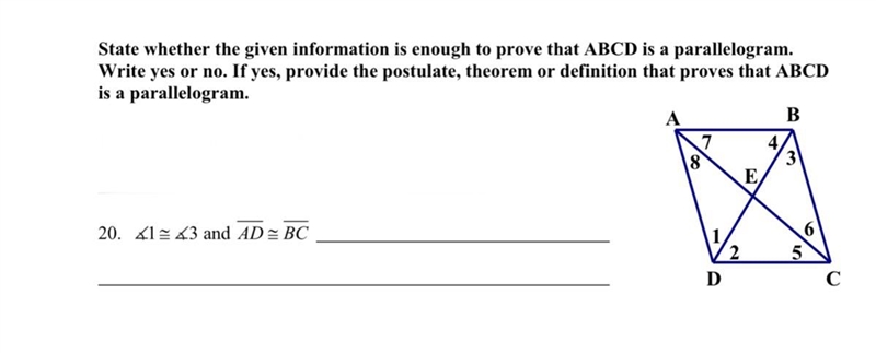 State whether the given information is enough to prove that ABCD is a parallelogram-example-1