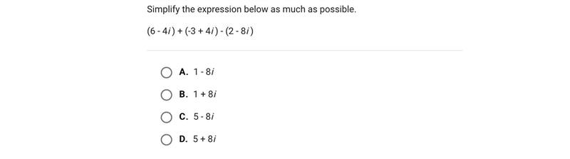 Simplify the expression below as much as possible.(6 - 4i ) + (-3 + 4i ) - (2 - 8i-example-1