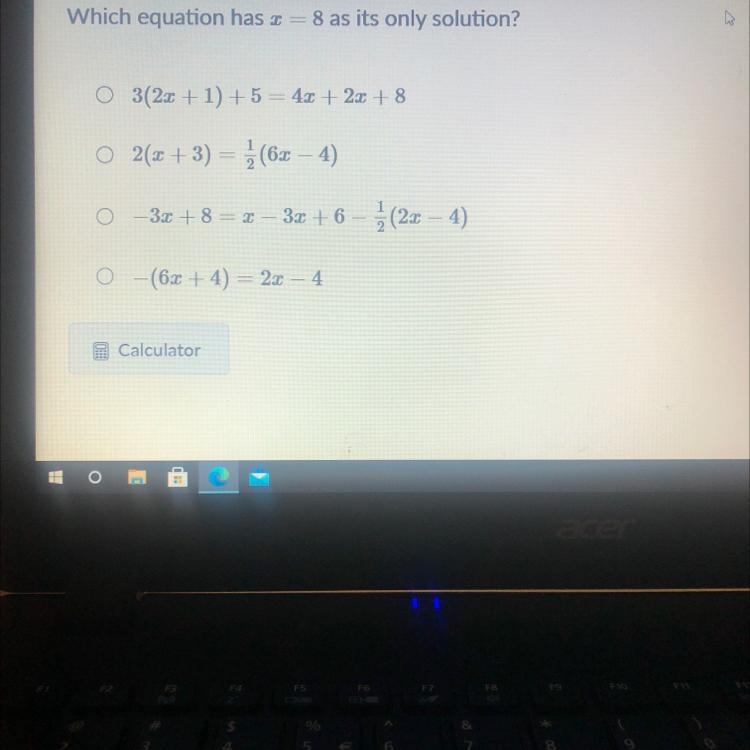 Which equation has x =8 as its only solution?O 3(2x + 1) + 5 = 4x + 2x + 8O 2(x+3) = (62 – 4)_32+8= 2 – 3x-example-1