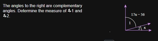 The angles to the right are complementary angles. Determine the measure of ∠1 and-example-1