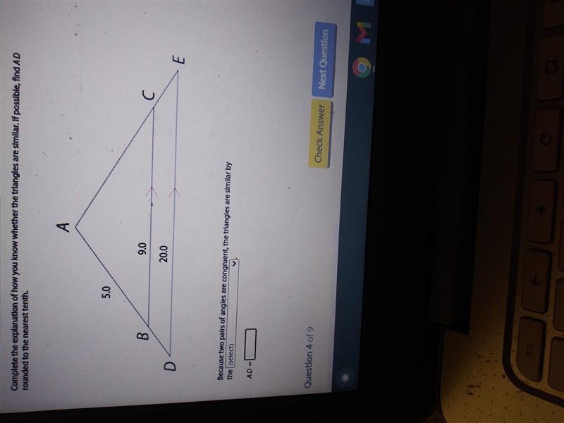 Complete the explanation of how you know whether the triangles are similar. If possible-example-1