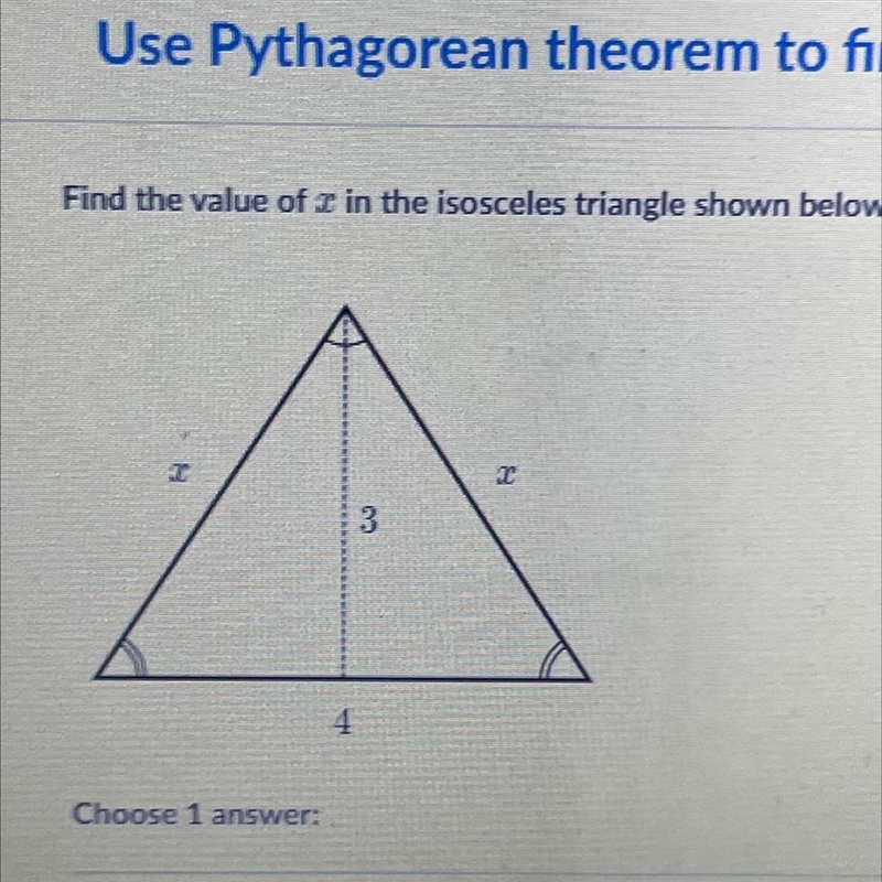 Find the value of in the isosceles triangle shown below. A x= √5 B x= √13 C x= √49 D-example-1