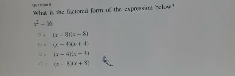 Question 6 What is the factored form of the expression below? 7 - 16 O OD (x-8)(x-example-1