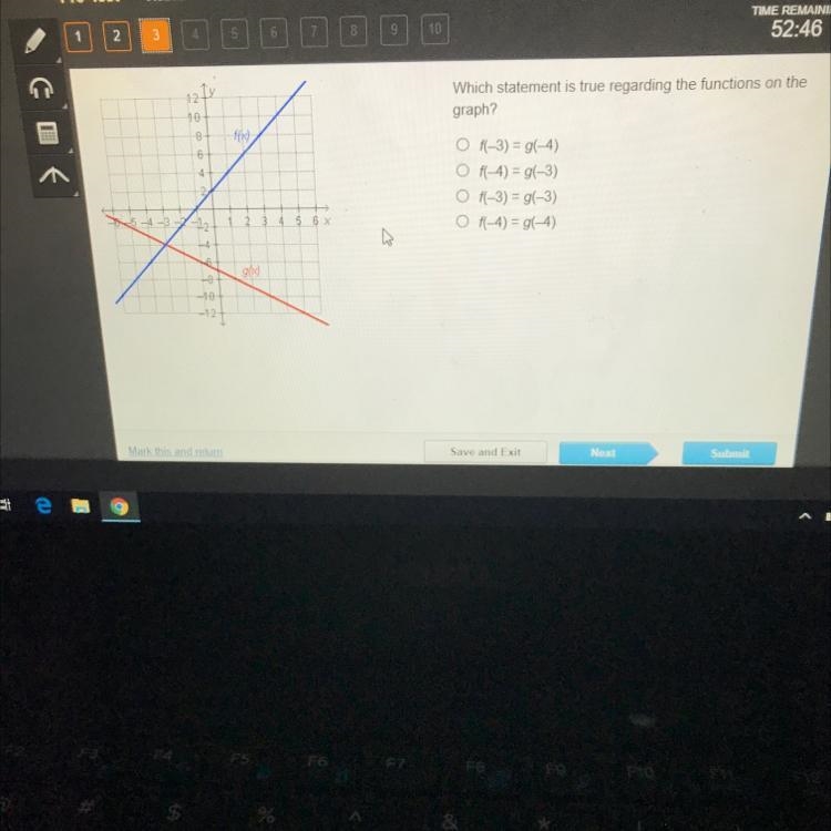 12+Which statement is true regarding the functions on thegraph?10-86.fo42Of(-3) = g-example-1