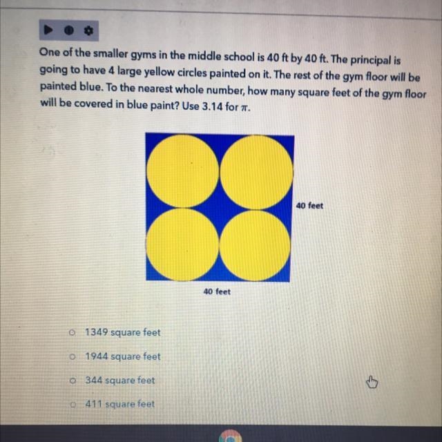 square feet of the gym Floorwill be covered in blue paint? Use 314 for it40 feet40 feet-example-1