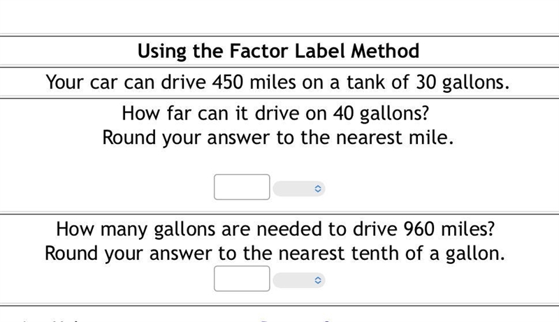 Your car can drive 450 miles on a tank of 30 gallons.How far can it drive on 40 gallons-example-1