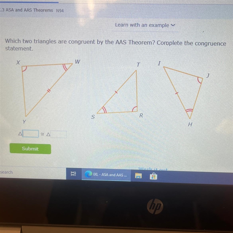 Which two triangles are congruent by the AAS theorem? Complete the congruence statement-example-1