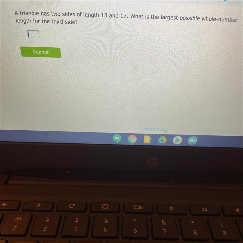 A triangle has two sides of length 13 and 17. What is the largest possible whole numberlength-example-1