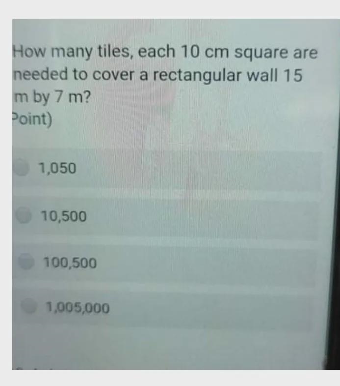 How many tiles each 10 cm square are needed to cover a rectangular wall 15 m by 7 m-example-1